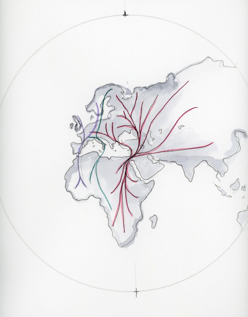 Marguerite Kahrl, Migration pathways over the Levant (Study), 2025, Ink, graphite, and colored pencil on paper, 42x30 cm